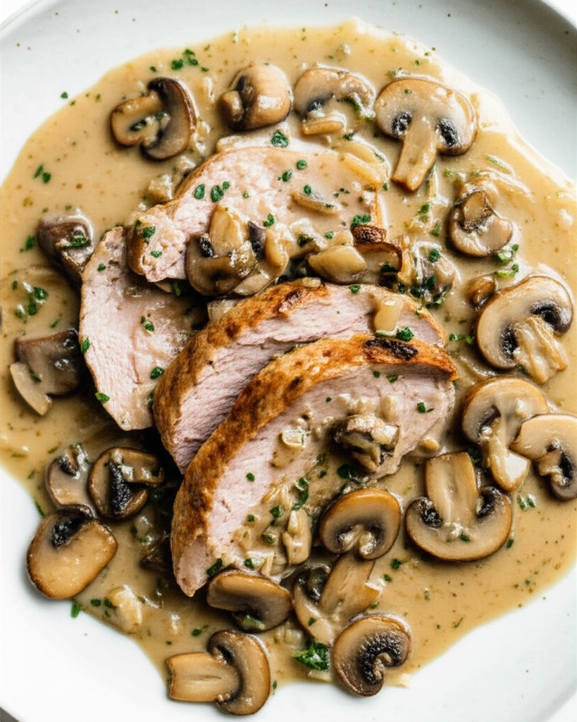 Sliced veal scallopini with golden crust, served in creamy mushroom herb sauce on a white plate.
