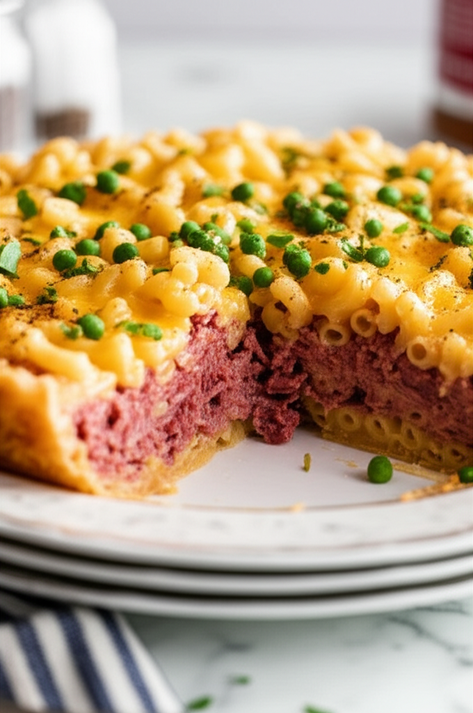 Sliced corned beef macaroni pie with peas on top, served on a white plate.