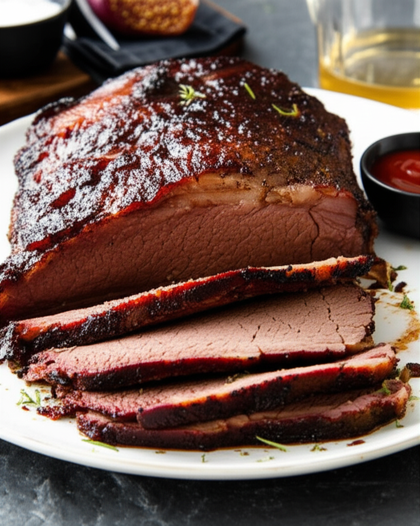 Sliced beef brisket with dark, crispy bark on a white plate, served with a side of red sauce.