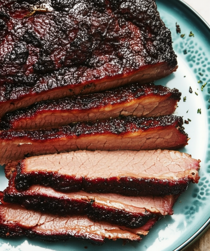 Sliced smoked beef brisket with dark bark on a blue plate.