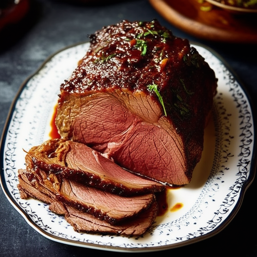 Sliced rump roast with a glossy glaze, garnished with herbs, on a patterned white plate.