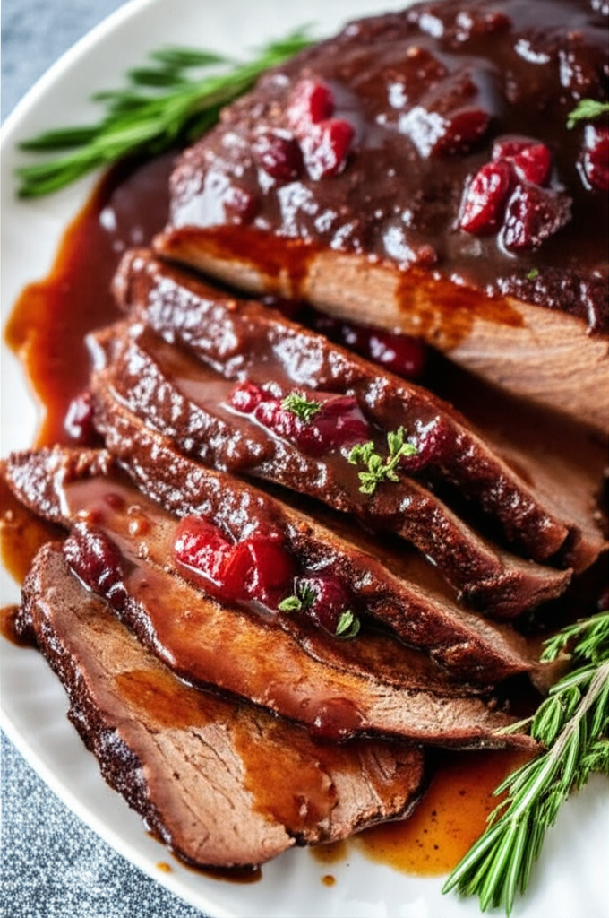 Sliced rump roast with tangy cranberry sauce and rosemary garnish on a white platter.