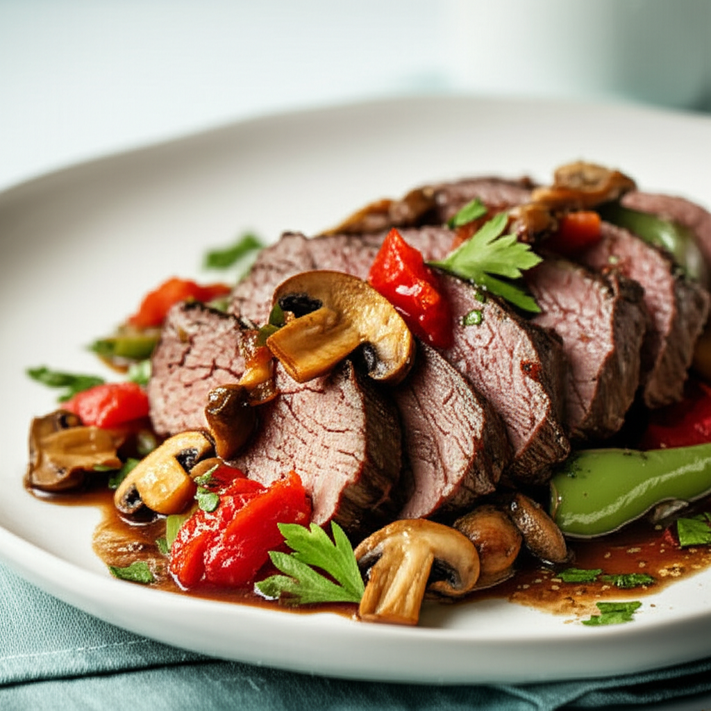 Sliced beef tenderloin with sautéed mushrooms, peppers, and parsley on a white plate.