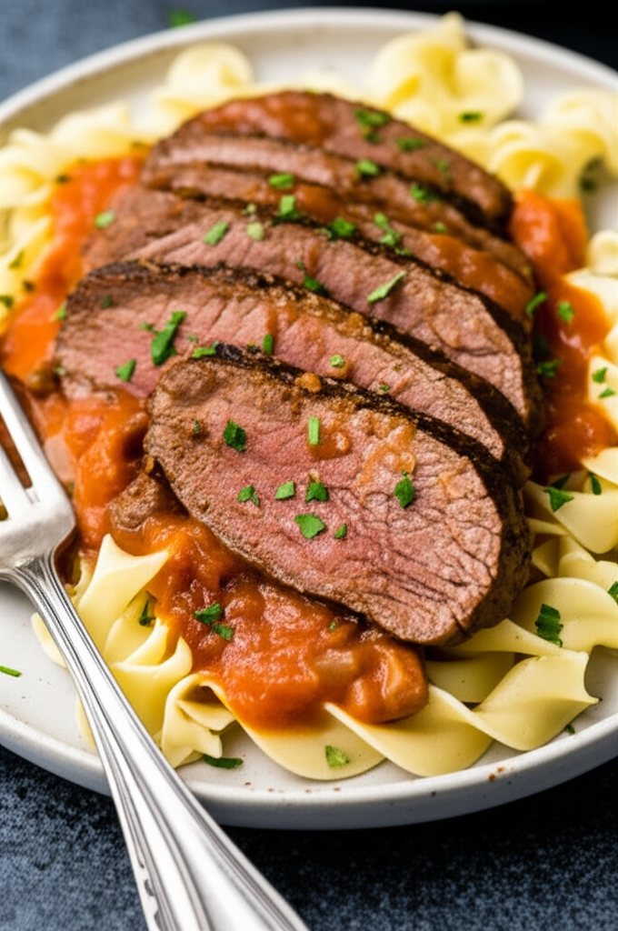 Sliced Swiss steak with tomato sauce over egg noodles, garnished with parsley.