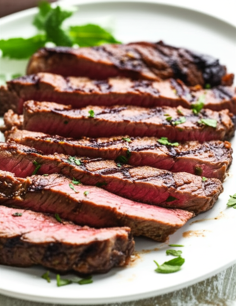 Sliced, grilled flank steak on a white plate, garnished with fresh herbs.
