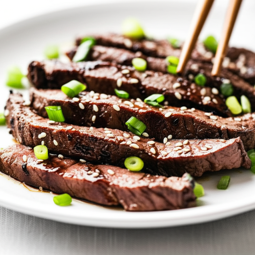 Sliced Korean beef, garnished with sesame seeds and green onions, served on a white plate with chopsticks.