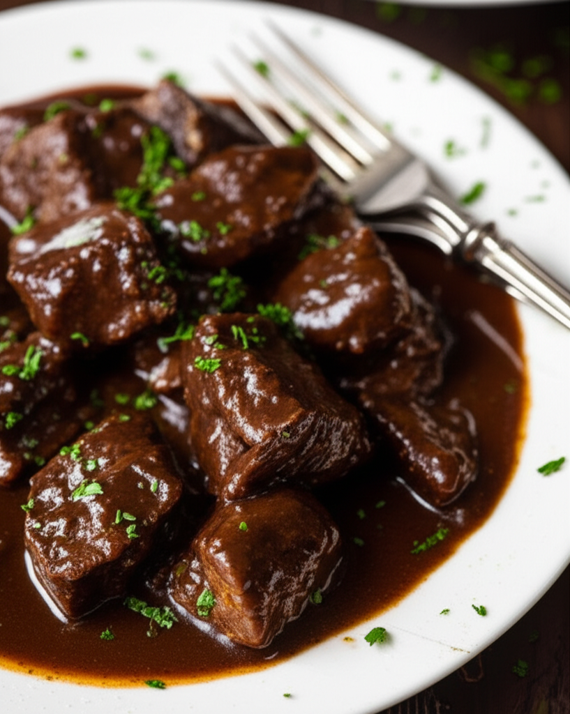 Braised beef cubes in dark sauce, garnished with parsley, served on a white plate with a fork.