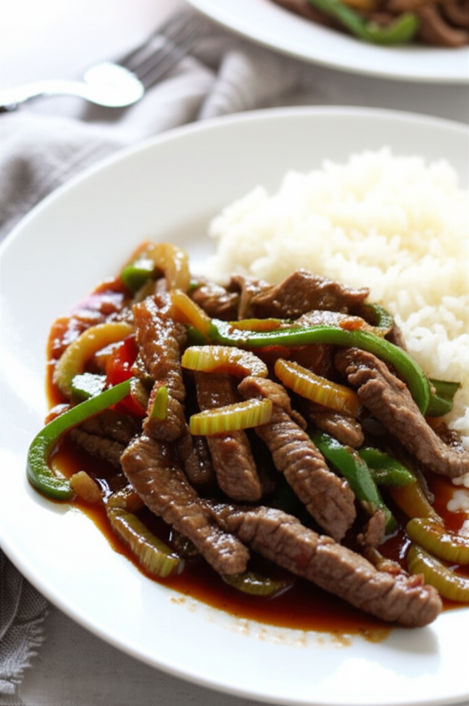 Stir-fried steak strips with green and yellow peppers in dark sauce, served with white rice on a white plate.