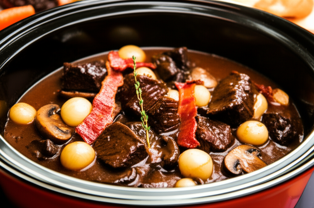 Beef Bourguignonne in a red pot: braised beef, mushrooms, pearl onions, and bacon in rich brown sauce, garnished with thyme.