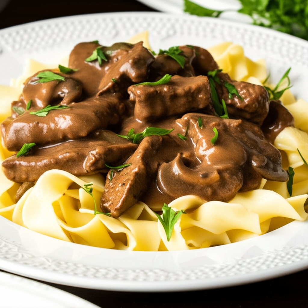 Egg noodles topped with beef and mushroom gravy, garnished with parsley.