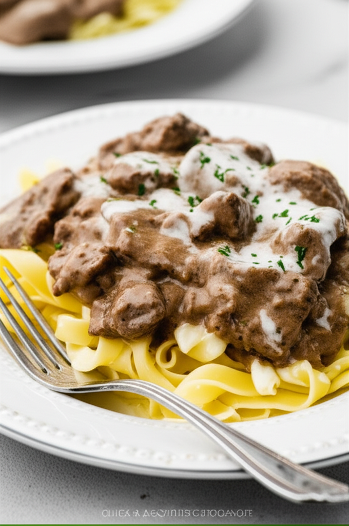Beef stroganoff: Creamy brown sauce with beef over egg noodles, garnished with parsley, served on a white plate.