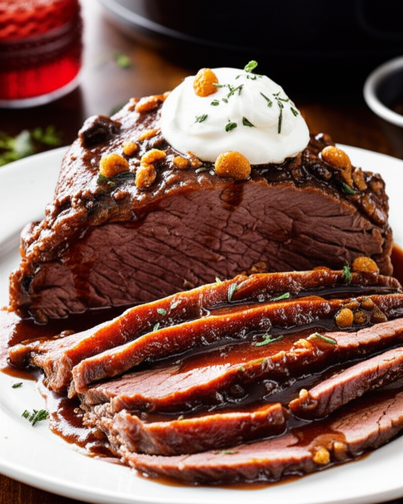 Sliced sauerbraten on a plate, topped with gravy, cream, and small dumplings.