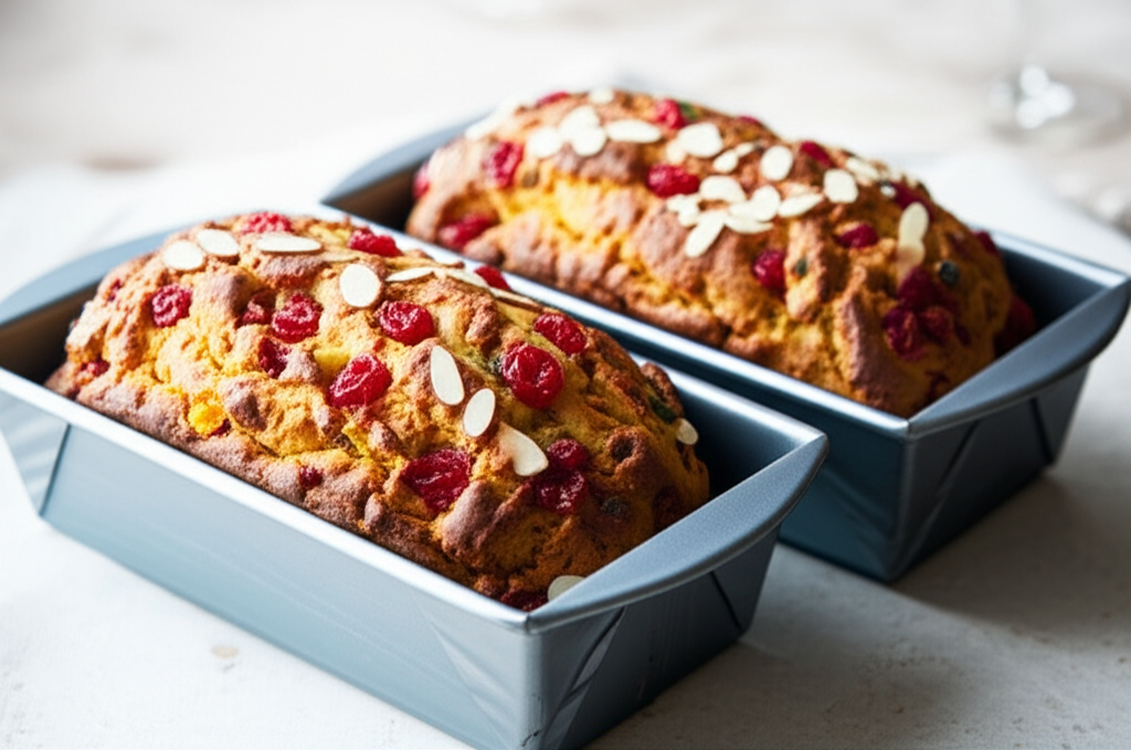Two golden-brown Christmas breads in loaf pans, topped with red cherries and sliced almonds.