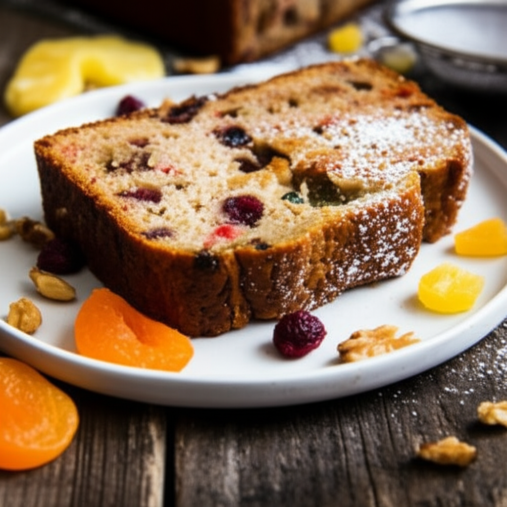 Slice of baked fruit bread with powdered sugar on a white plate, garnished with dried apricots, cranberries, and walnuts.