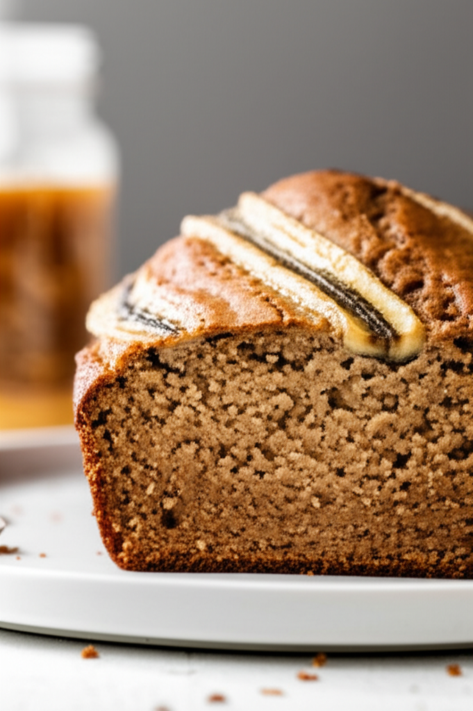 Slice of whole wheat banana bread on a white plate, topped with banana slices.