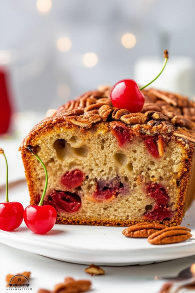 Sliced cherry pecan bread loaf on a white plate, topped with pecans and cherries.