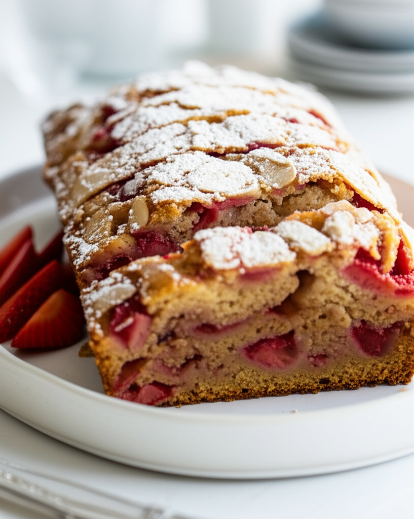 Sliced strawberry loaf cake on a plate, topped with sliced almonds and powdered sugar, served with fresh strawberries.