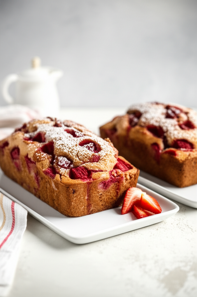Two loaves of baked strawberry bread, dusted with powdered sugar, on a white plate with sliced strawberries.
