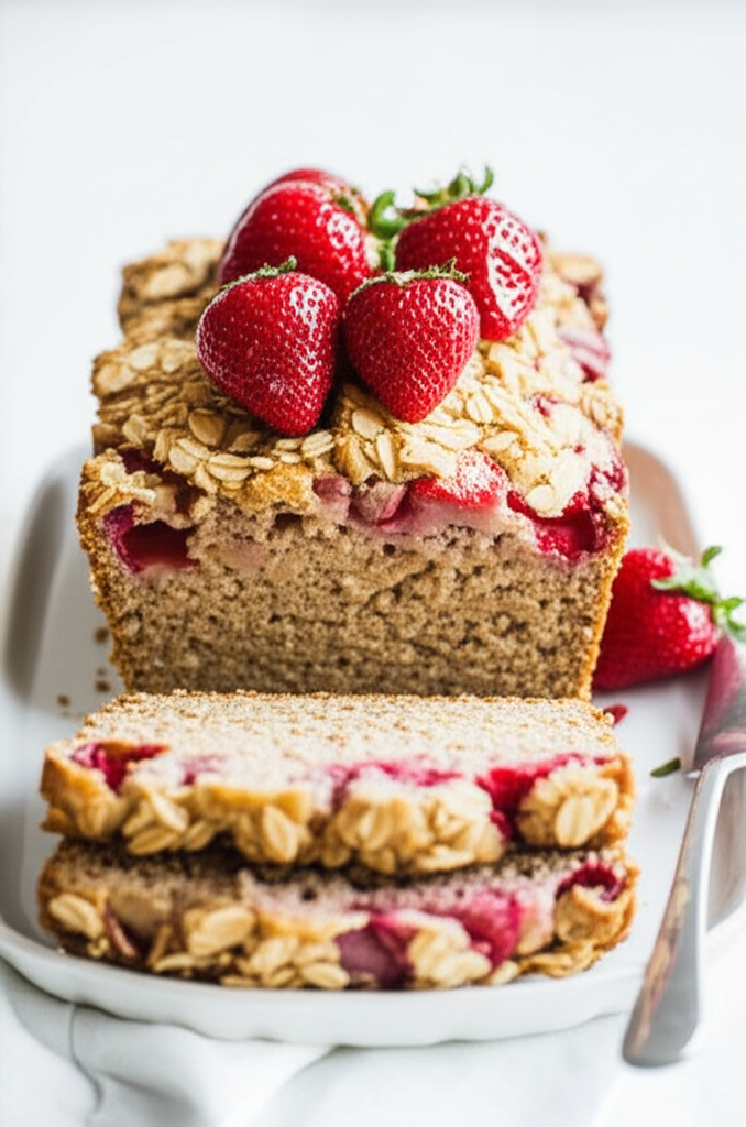 Sliced strawberry-oatmeal loaf on a plate, topped with fresh strawberries and oat crumble.
