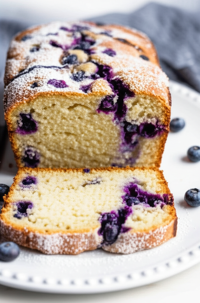 Sliced blueberry bread, dusted with powdered sugar, on a white plate with scattered blueberries.
