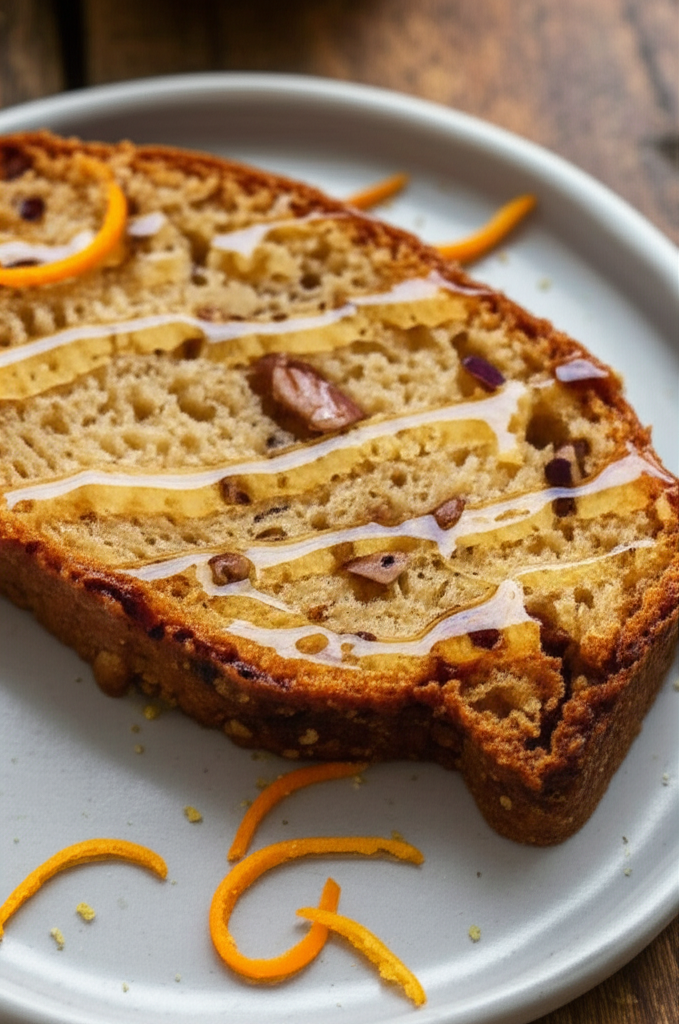 Slice of orange honey bread with nuts, drizzled with honey, garnished with orange zest on a gray plate.