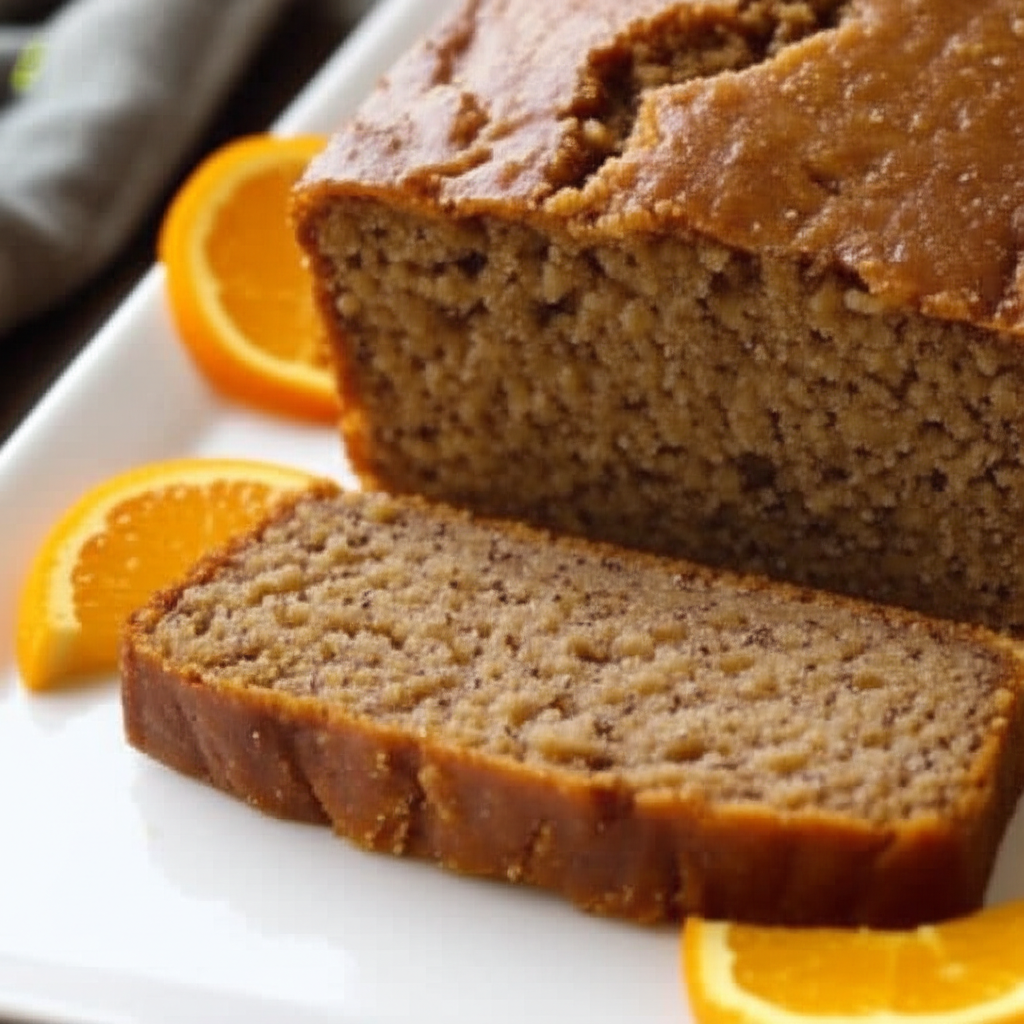 Sliced loaf of baked orange bread on a white plate, garnished with orange slices.