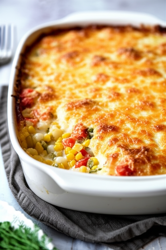 Baked vegetable gratin in white dish with melted golden cheese topping.