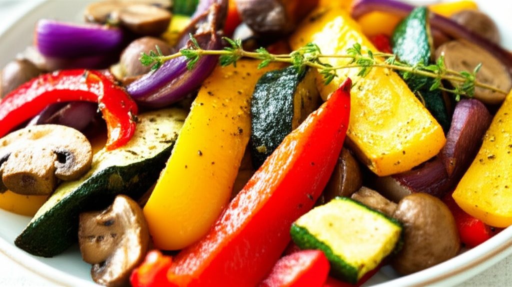 Roasted vegetable melange: colorful peppers, zucchini, onions, and mushrooms, garnished with thyme.
