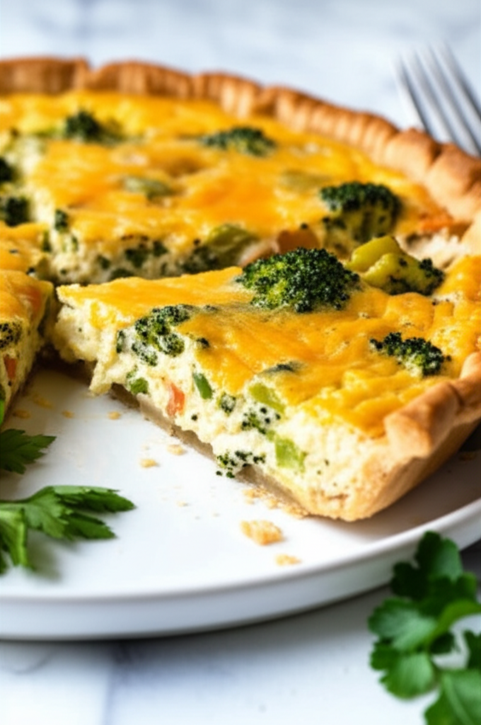 Slice of golden-crusted vegetable pie with broccoli and melted cheese on a white plate, garnished with parsley.