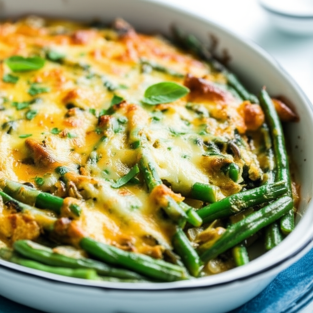 Baked green bean casserole in white dish, topped with melted cheese and herbs.