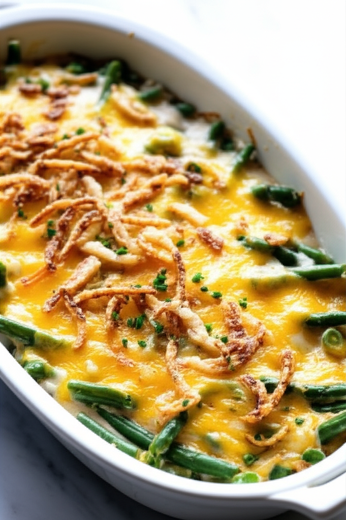 Green bean casserole in white dish, topped with melted cheese and fried onions.