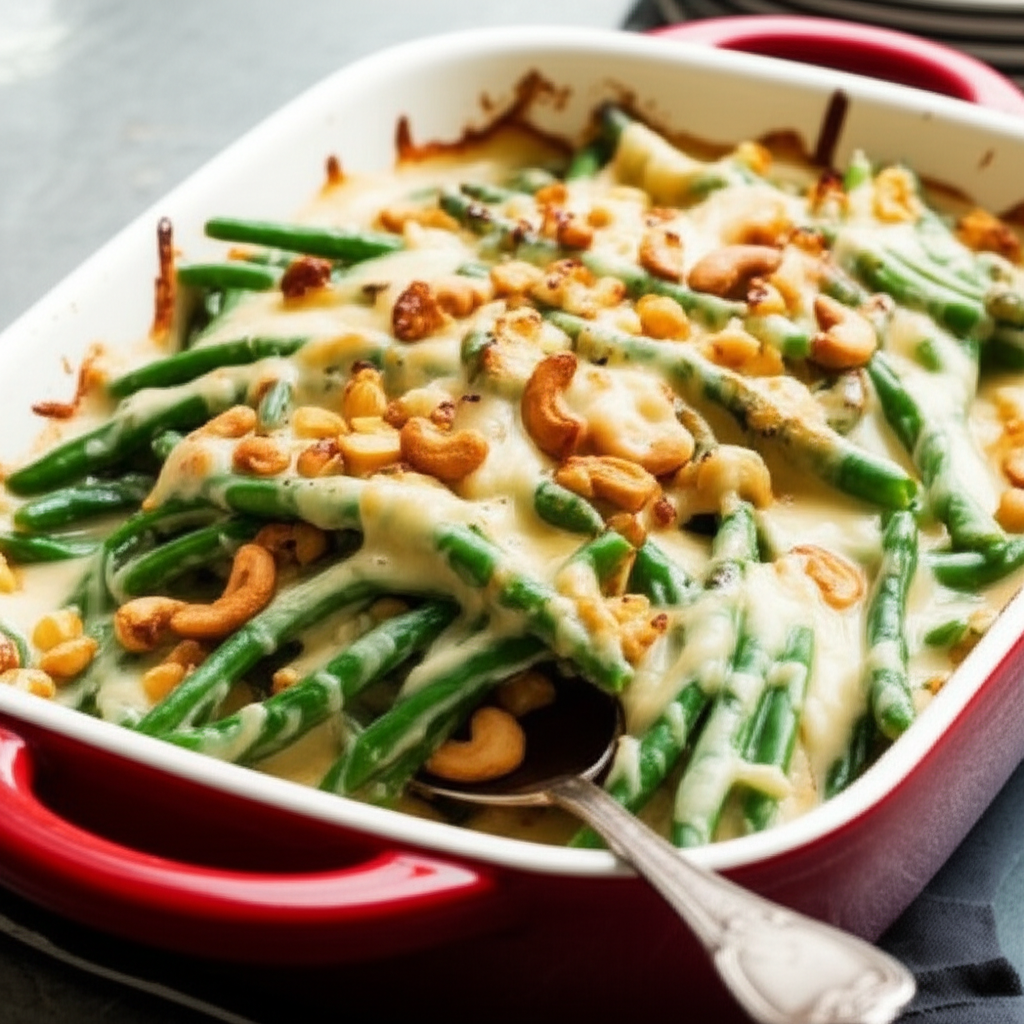 Baked green beans in a red casserole dish, topped with creamy sauce and cashews.
