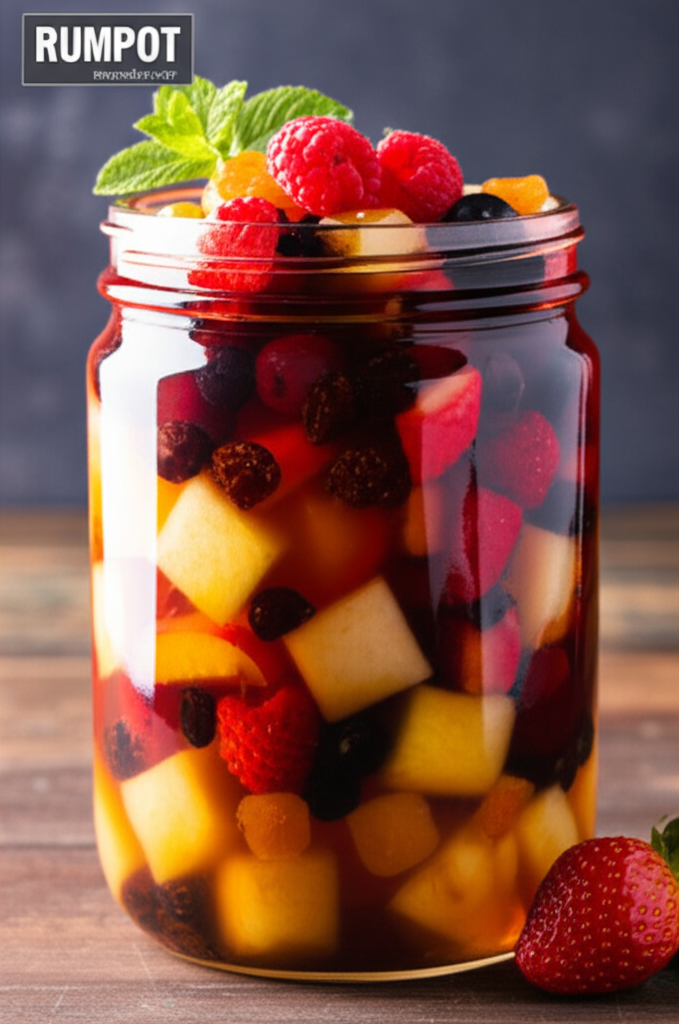 Fruit salad in a glass jar, topped with raspberries and mint.