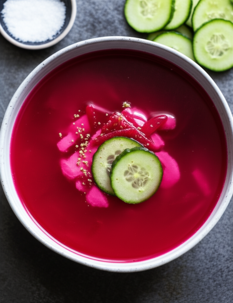 Bright pink beet soup in a bowl, garnished with cucumber slices and herbs.