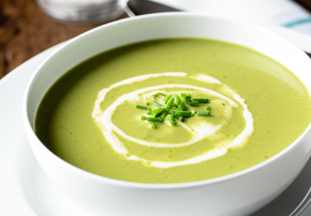 Smooth, bright green broccoli soup in a white bowl, swirled with cream and topped with fresh chives.