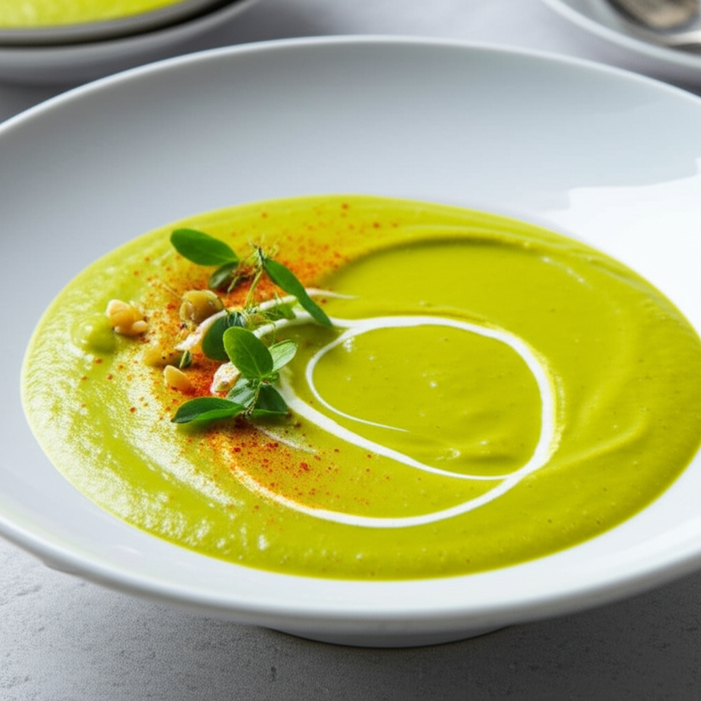 Creamy green pea soup in a white bowl, swirled with cream, garnished with herbs, nuts, and paprika.