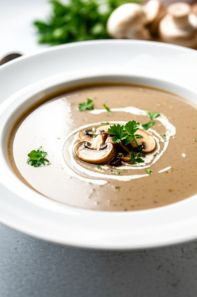 Creamy mushroom soup in a white bowl, garnished with sliced mushrooms, parsley, and a swirl of cream.
