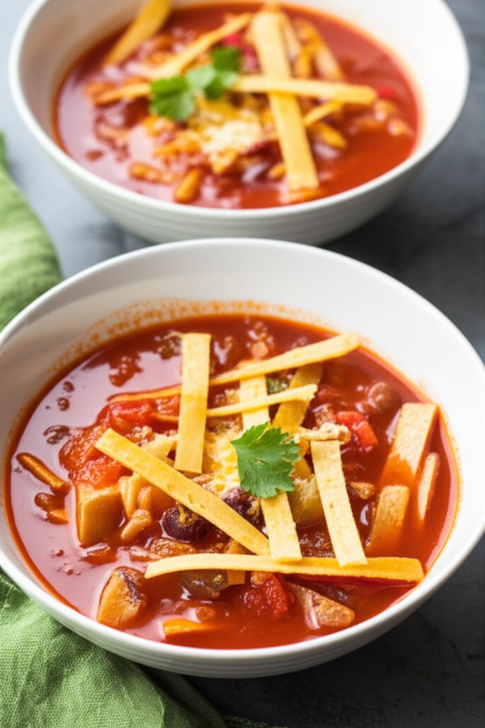 Two bowls of red tortilla soup with tortilla strips and cilantro garnish.