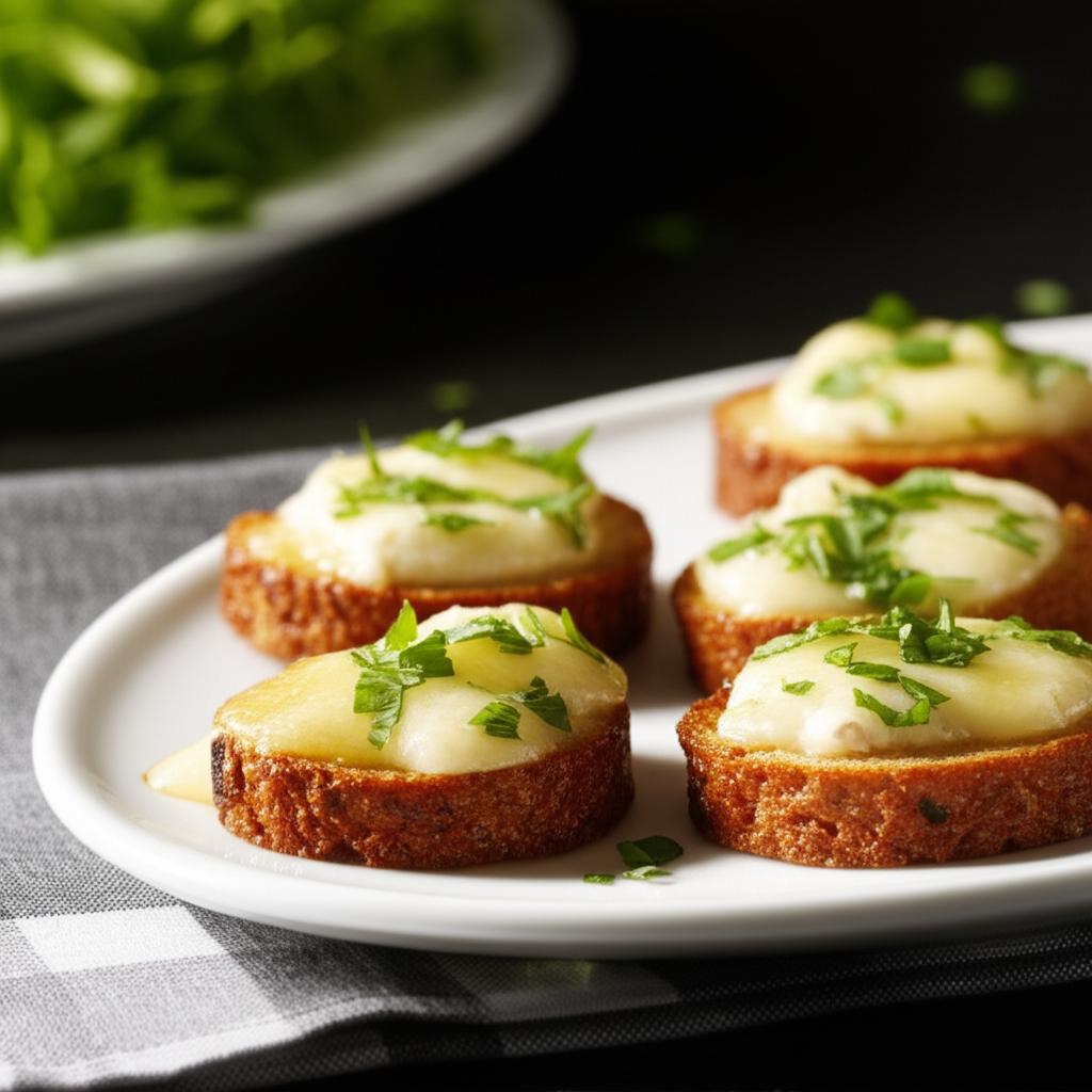 Toasted bread slices topped with melted cheese and chopped parsley on a white plate.