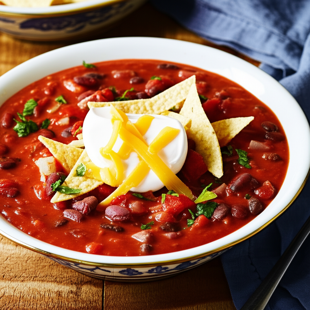 Refried bean soup in a bowl, topped with sour cream, shredded cheese, and tortilla chips.