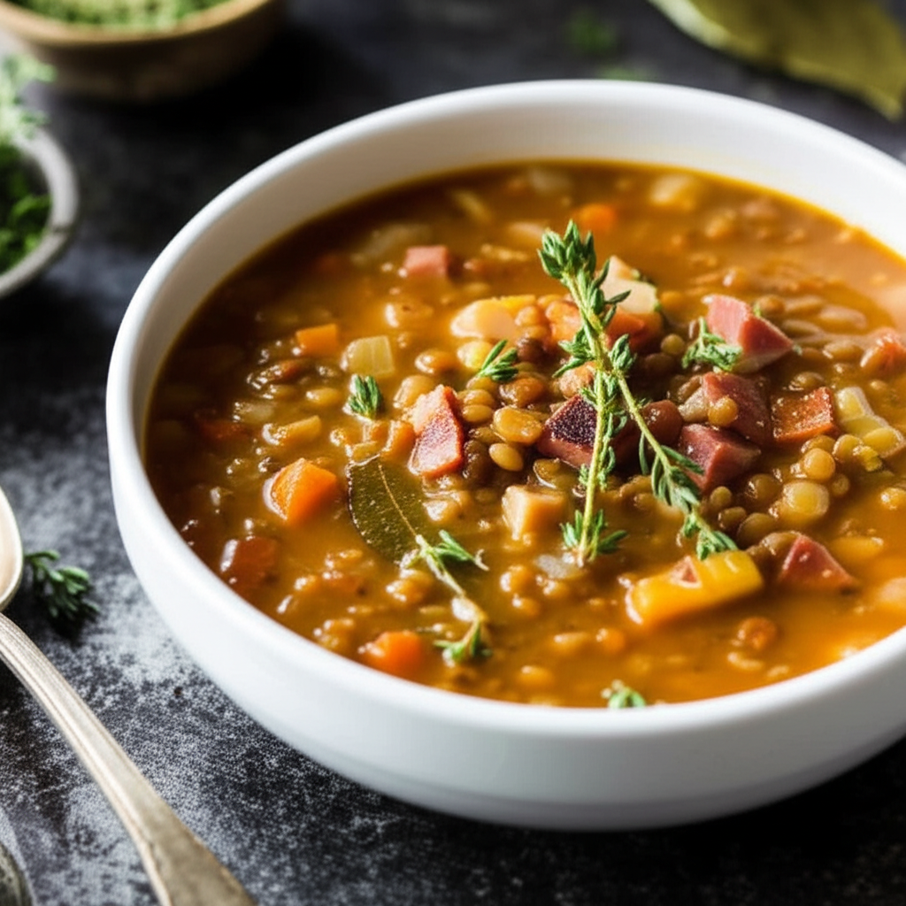 Lentil soup in white bowl, garnished with thyme. Contains lentils, carrots, celery, and ham.