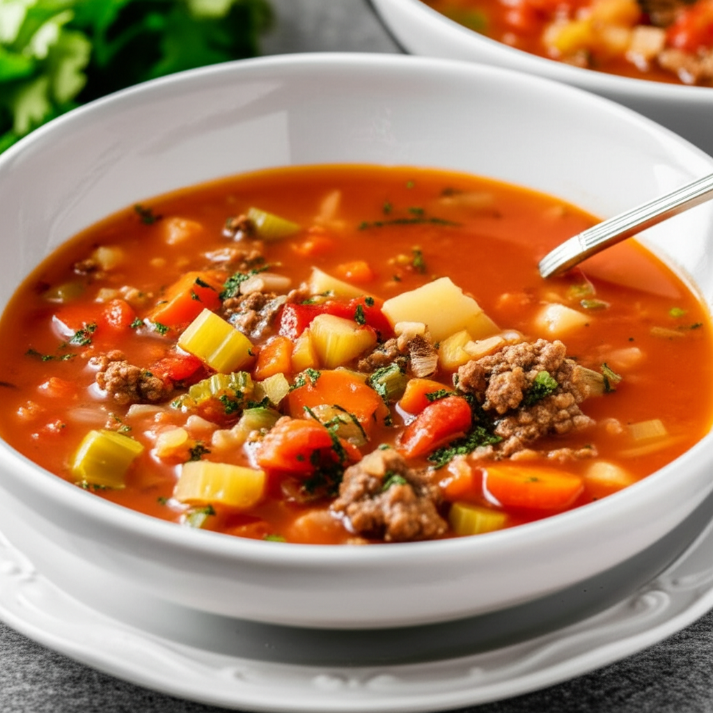 Tomato-based soup with ground meat, carrots, potatoes, and celery in a white bowl.