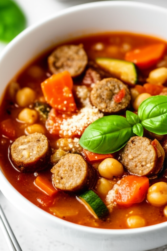 Chickpea and sausage soup in a white bowl, garnished with basil. Includes carrots and zucchini.