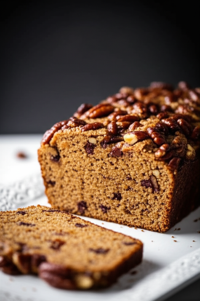 Baked nut bread loaf with glazed pecans on top, served with a sliced piece on a white plate.