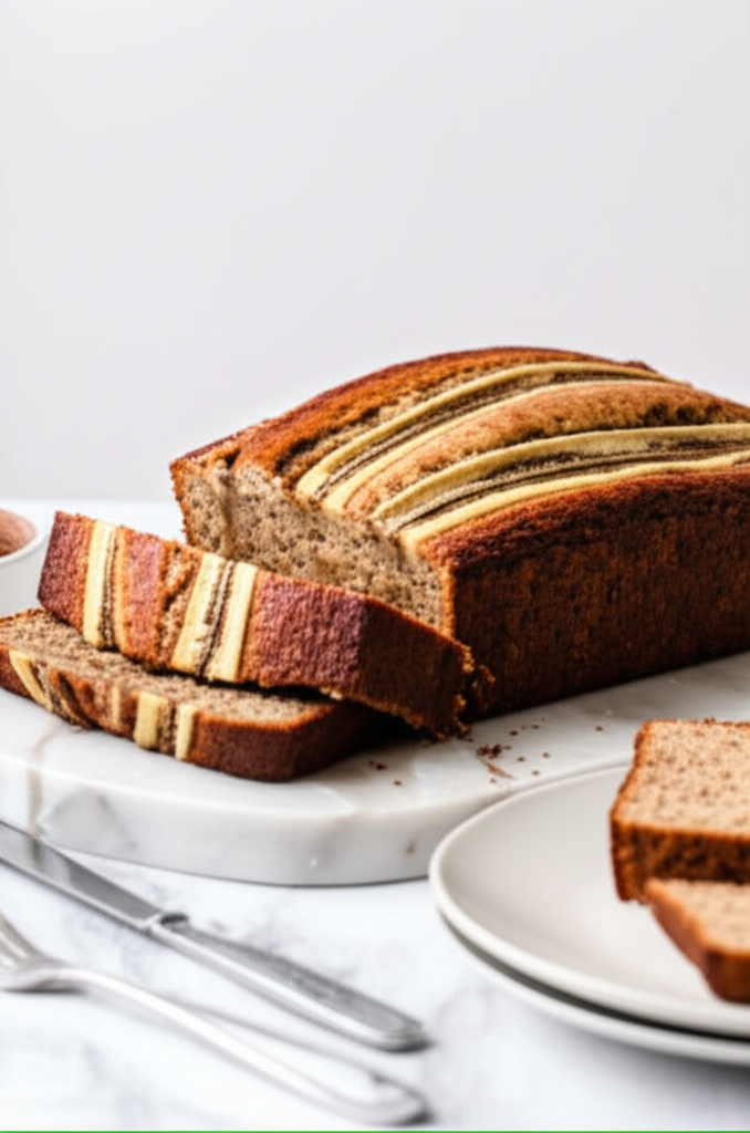 Sliced banana bread loaf on a marble board, topped with banana slices.