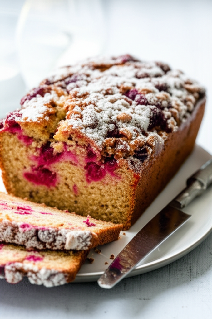 Sliced cranberry bread loaf on a plate, dusted with powdered sugar, and a knife.