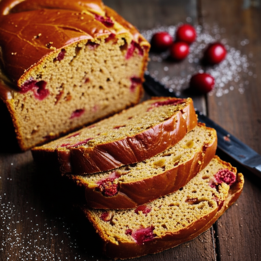 Sliced cranberry-pumpkin bread with a shiny crust on a wooden surface, sprinkled with sugar.