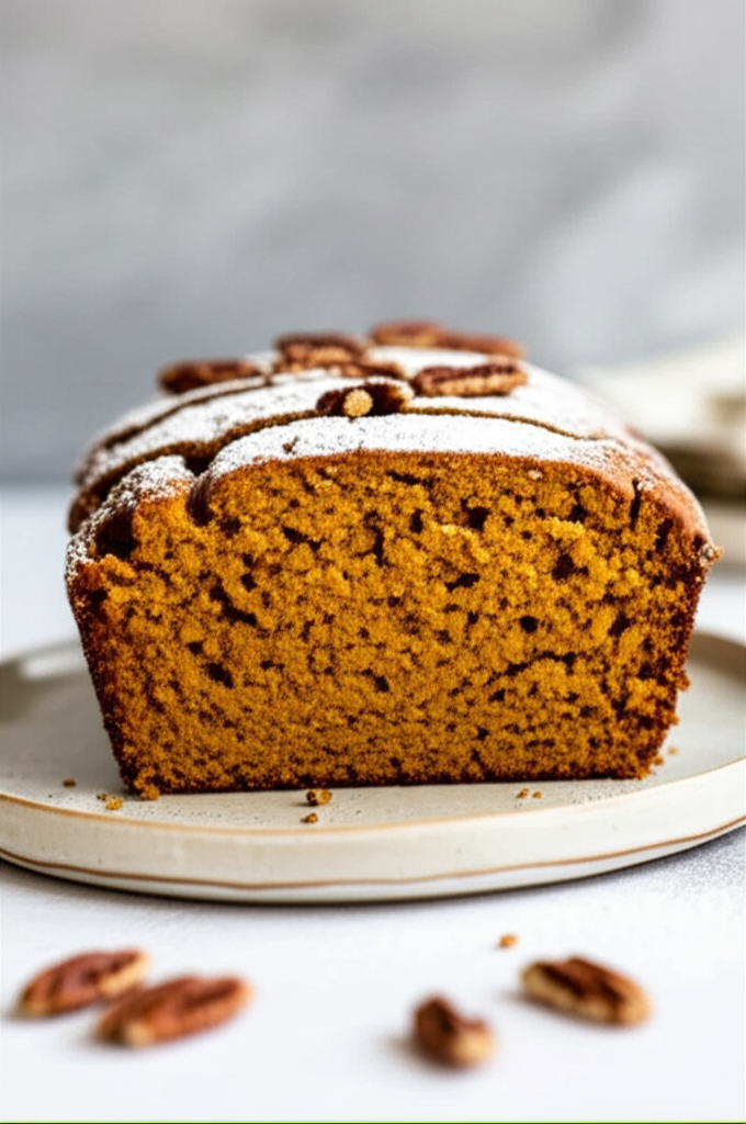 Loaf of pumpkin bread, dusted with powdered sugar and topped with pecans, on a plate.