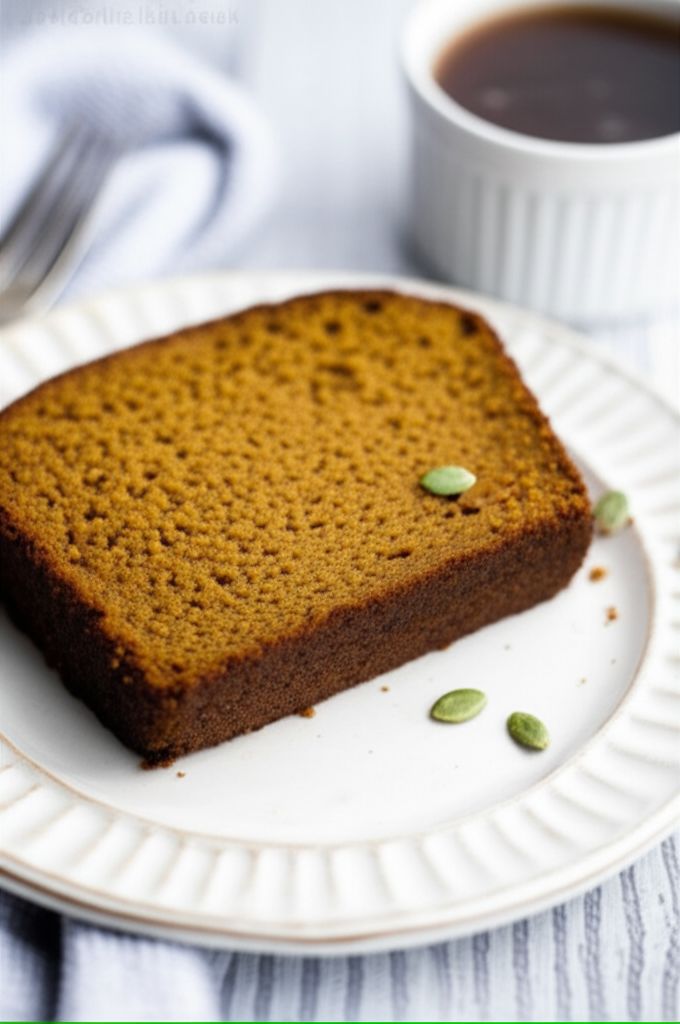 Slice of moist pumpkin bread on a plate, garnished with green pumpkin seeds.