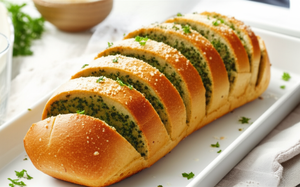 Sliced herb bread loaf on a white platter, topped with parmesan and parsley.
